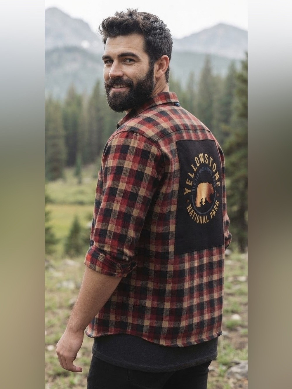 Yellowstone National Park Upcycled Flannel Button Down Shirt Bear -Men’s Medium